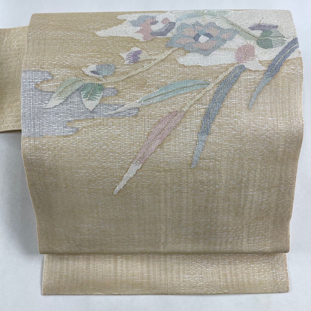名古屋帯 秀品 夏帯 草花 霞 金銀糸 薄茶色 正絹
