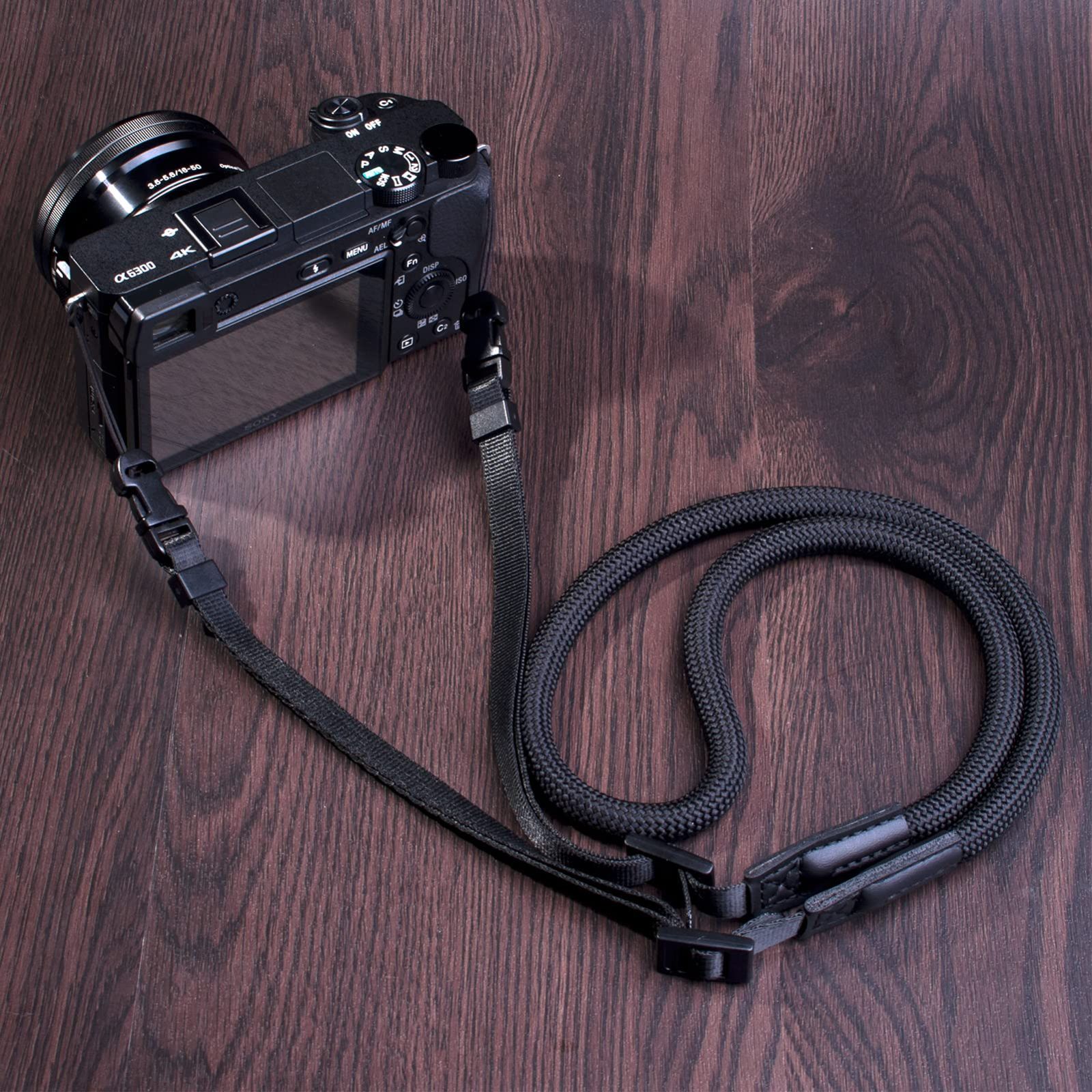安値 カメラストラップ黒 ネックストラップ クライミングロープ製