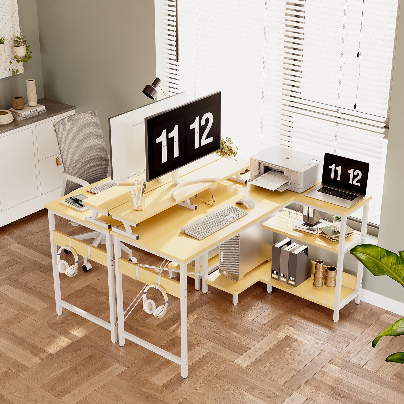 パソコンデスク L字デスク 電源コンセント ラック付き 110×80×74cm