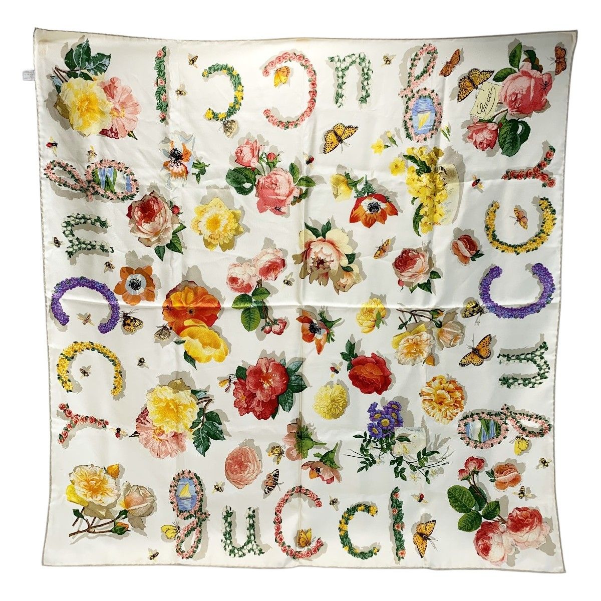 GUCCI グッチ フローラル柄 アイボリー シルク スカーフ