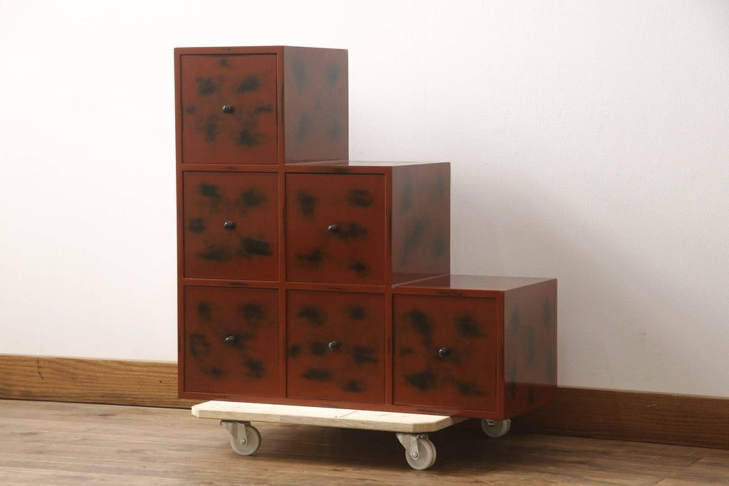 事前問合せ必須 階段箪笥小引き出し 中古 高級品 朱色 黒 コントラスト 美しい 根来塗り風 あけぼの塗り 和箪笥 収納箪笥 整理箪笥 リペア+発送まで3週間前後 R-070839