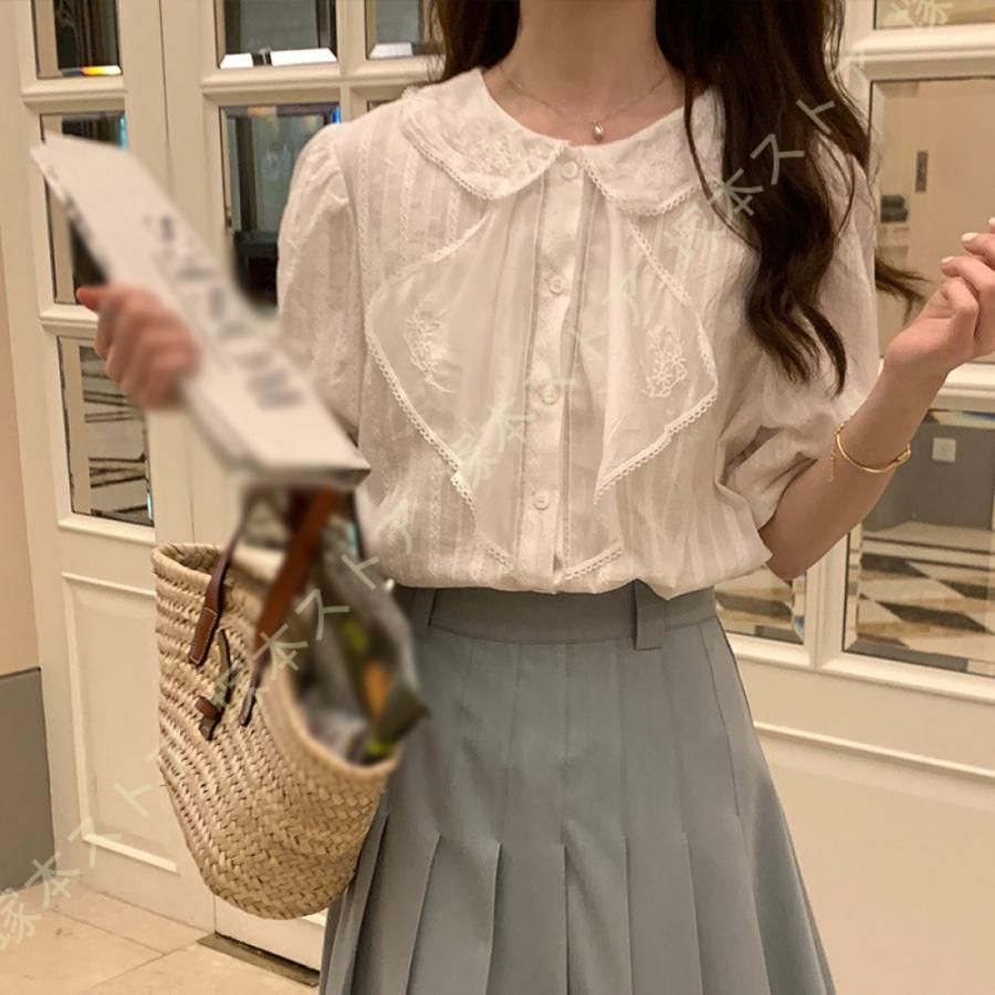 ブラウス レディース 半袖 ギャザー 春夏 シャツブラウス プルオーバー 無地 トップス パフスリーブ 袖口ゴムあり ぽわん袖 ボリューム袖 可愛い 甘い ブラウス レディース 半袖 ギャザー 春夏 シャツブラウス プル