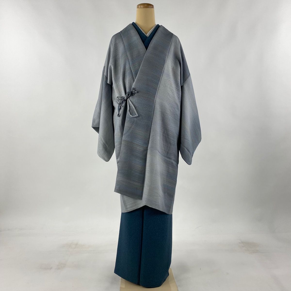 道中着 身丈88.5cm 裄丈65cm M 和装コート 縞 幾何学模様 茶緑色 正絹  