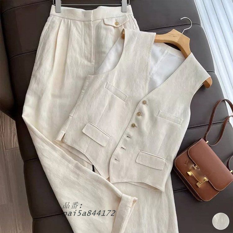 セットアップ レディース カジュアル 夏 春 秋 大人 40代 ワイドパンツ 30代 ベスト コットン パンツ おしゃれ リネン エレ 韓国 pai5a844172