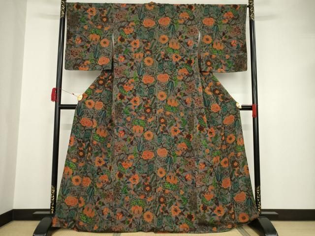 平和屋着物○上質な小紋 孔雀更紗花文 金彩 鬼しぼ縮緬 正絹 逸品 未