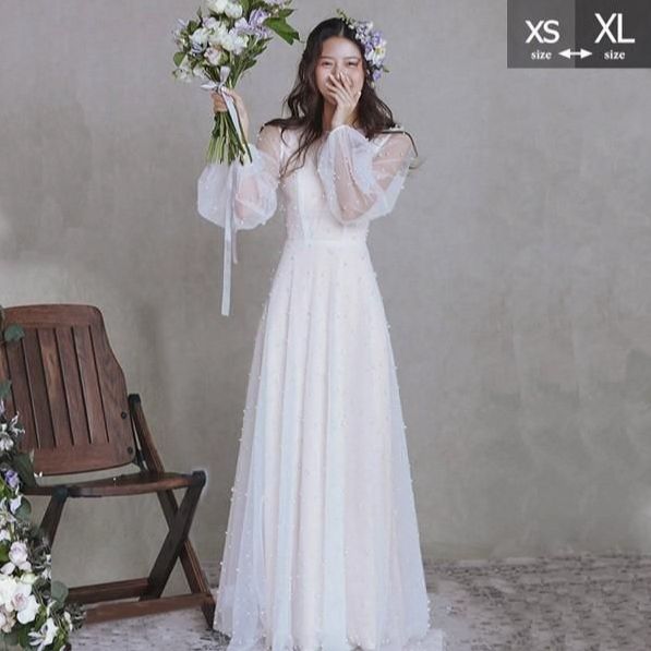 ウェディングドレス 花嫁 長袖 シンプル 白ドレス Vネック ワンピース 花嫁 結婚式 二次会 披露宴 前撮り 後撮り 撮影用 kkk