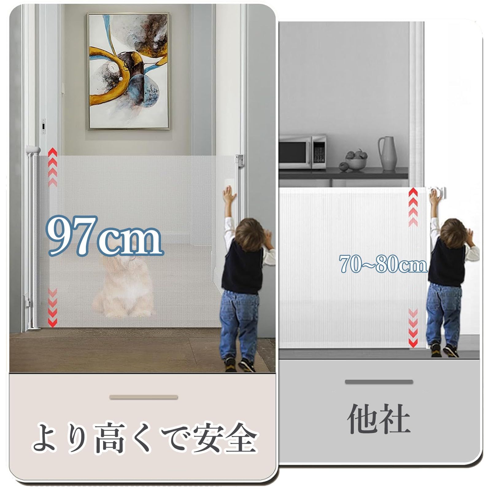  台所 玄関 室内 キッチン 階段上 ペット柵 巻き取り式 日本語説明書付き 走防止ゲート 安全ロック機能 赤ちゃん ペット 猫 犬に適応 幅140㎝ 180㎝ ネジ付け可＆貼り付け可 ベビーフェンス ホワイト 穴あけ不要 階段用 ロ ベビーゲート ベビー用セーフティグッズ