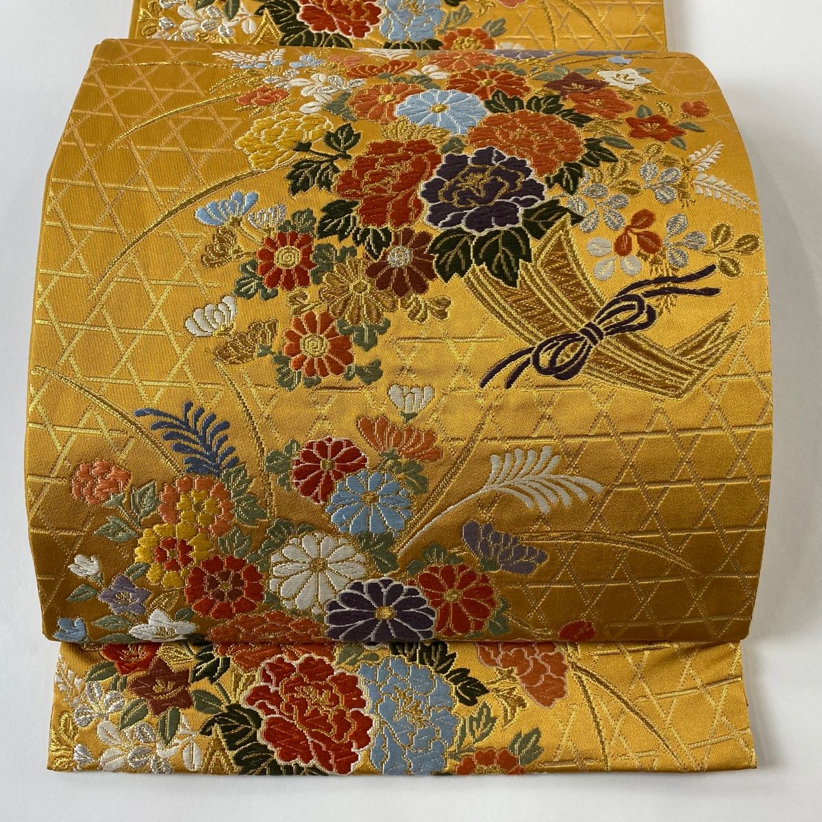 袋帯 秀品 鈴乃屋 花熨斗 籠目 金銀糸 箔 山吹色 六通 正絹