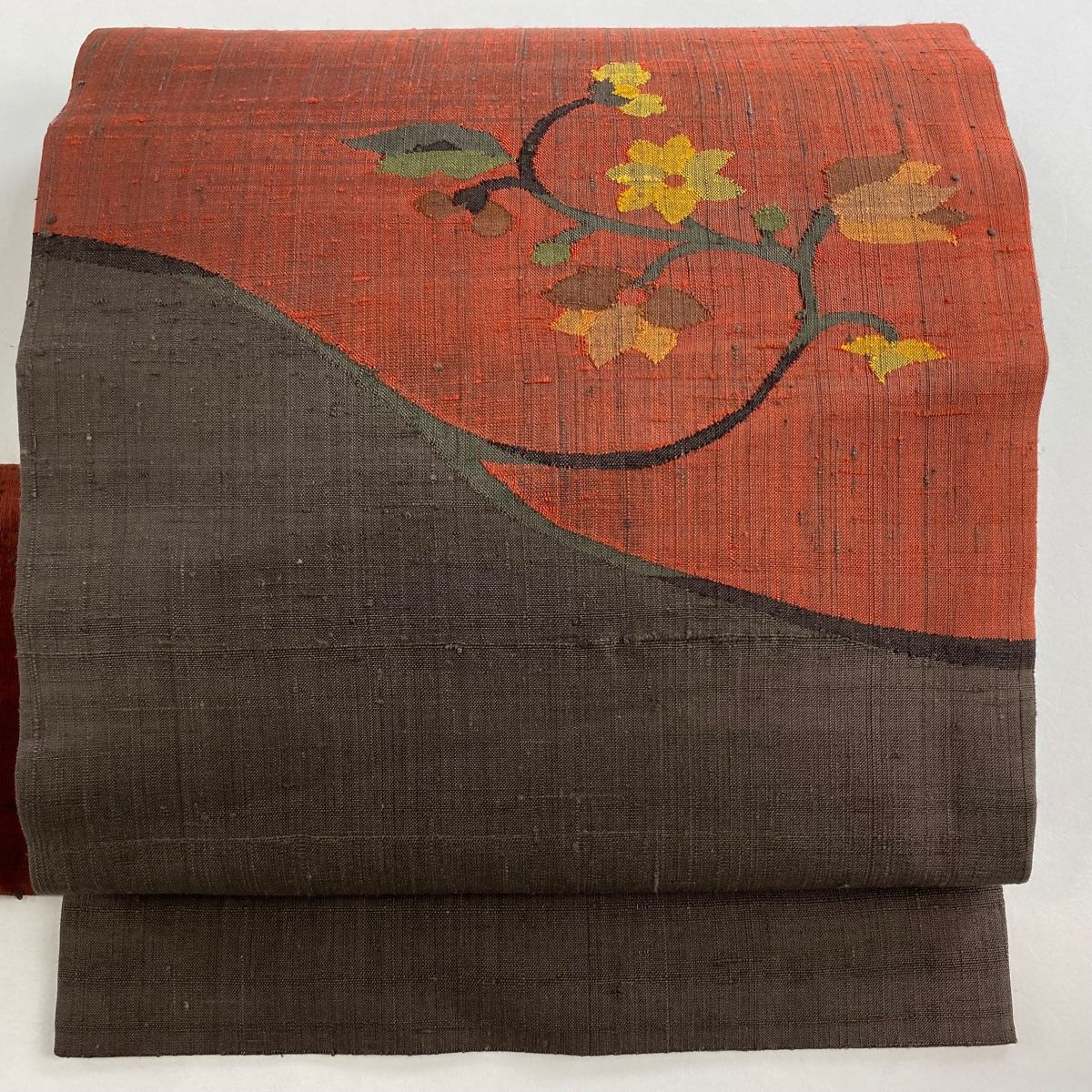 名古屋帯 秀品 落款 紬地 草花 赤茶 正絹