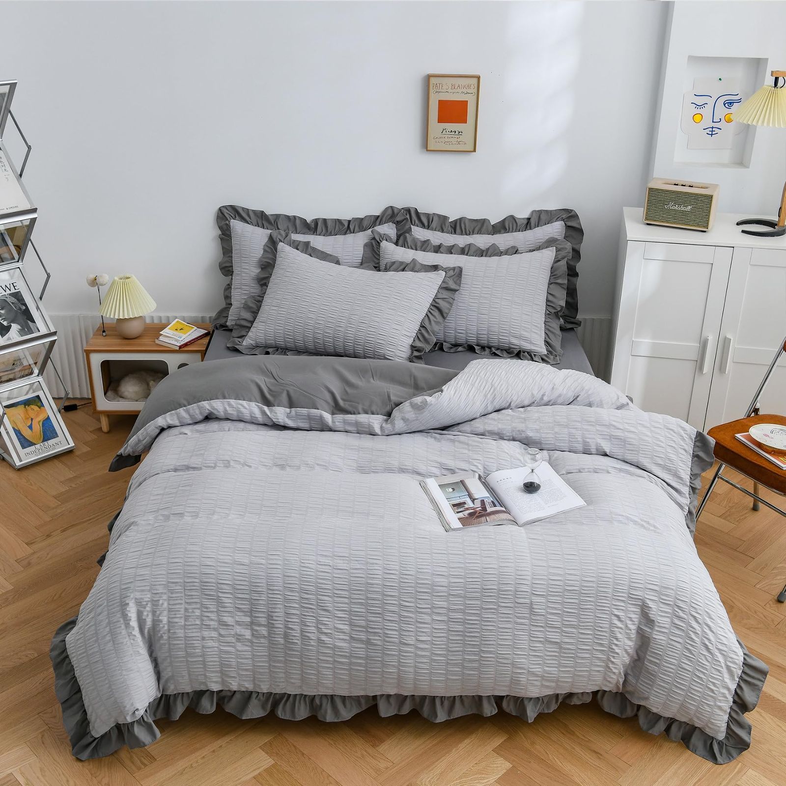 Color パッチワーク グレー_Size ダブル 4点セット 布団カバー AYO ダブル 4点セットシアサッカー生地 フリル付き 掛け布団カバー ベッドカバー 枕カバー ボックスシーツ 寝具カバーセット ピーチスキン加工 洋式和式兼用 洗い替え 速乾タイプ