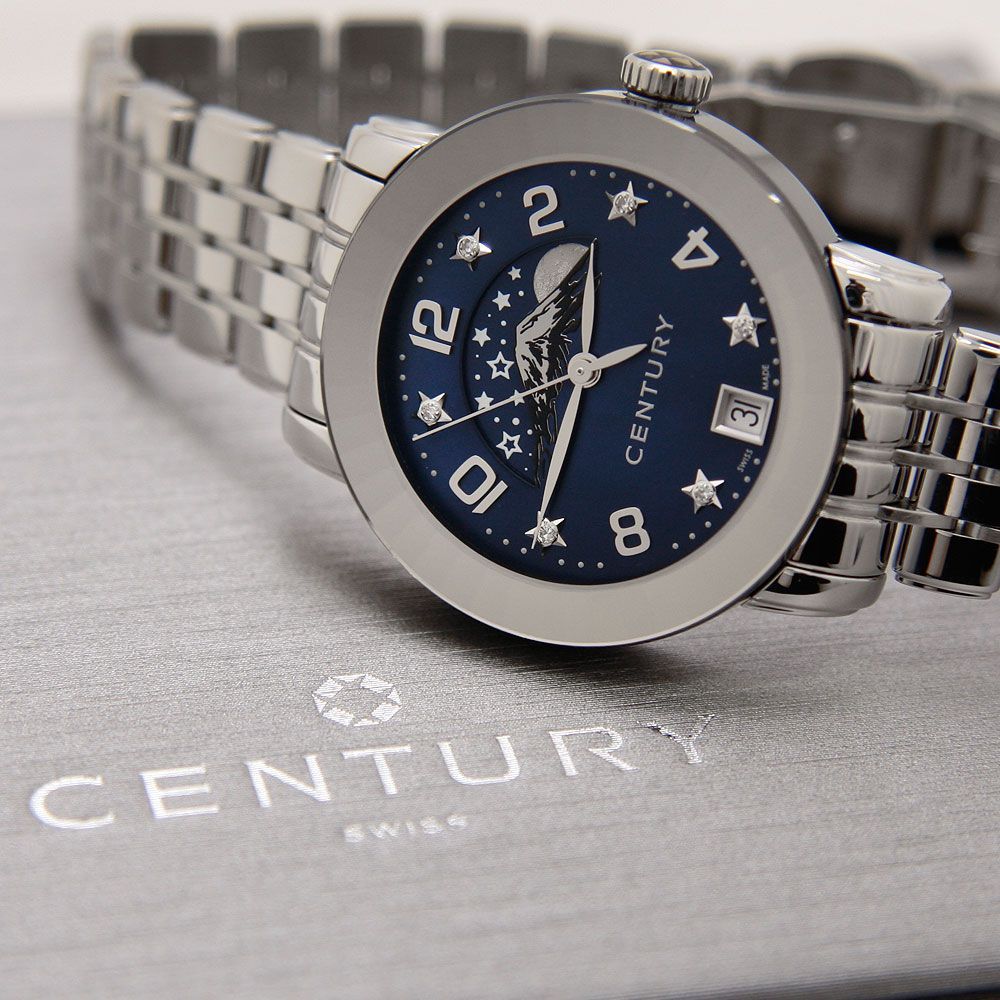 美品 センチュリー CENTURY 腕時計 エレガンス ムーンフェイズ レディースQZ 6Pダイヤ 648.7.U.N05.12.SF マザーオブパール 電池式 SS 中古 美品】センチュリー CENTURY 腕時計 エレガンス ムーンフェイズ
