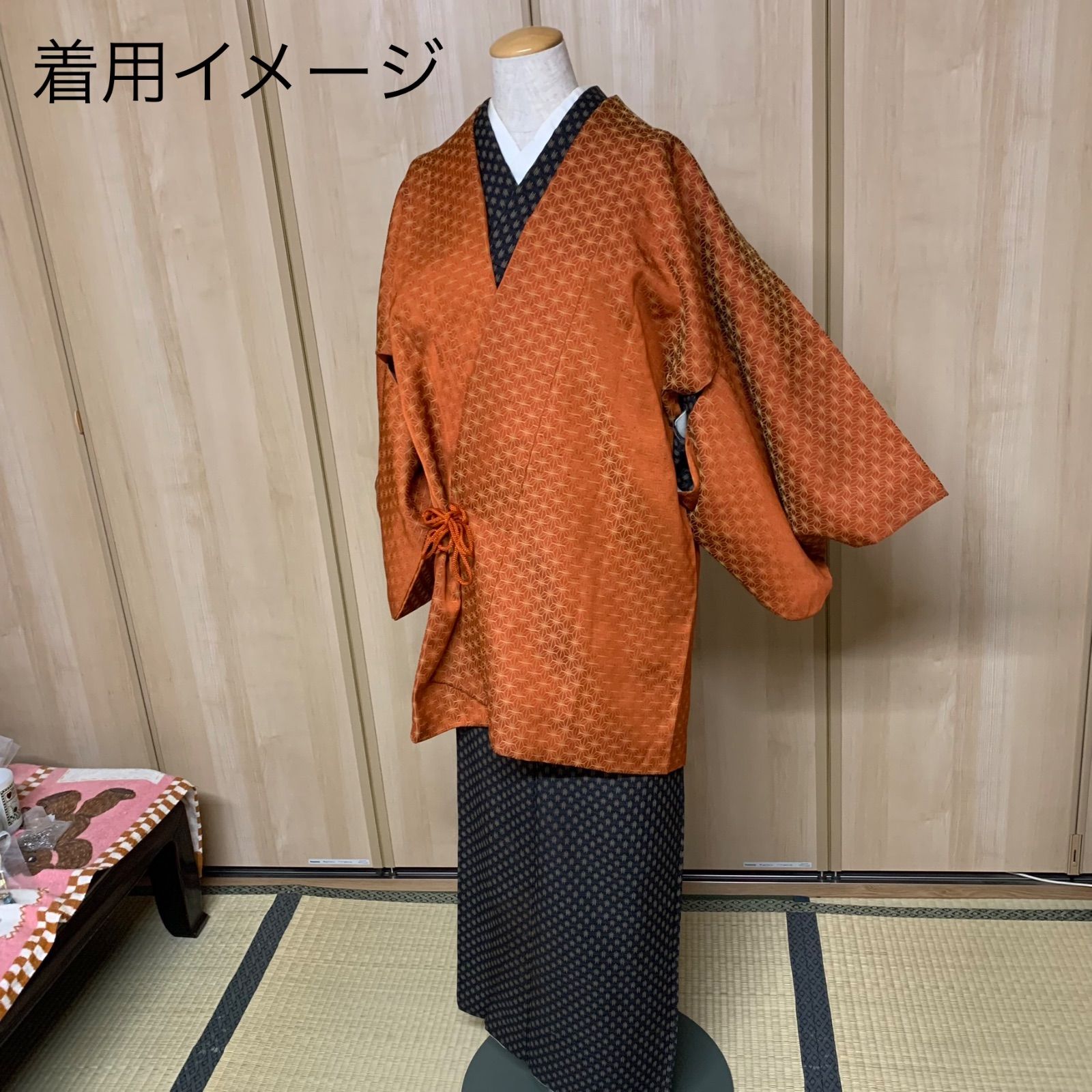 着物ハギレ 麻の葉模様 小豆色 絞り ヴィンテージ レトロ リメイク用 