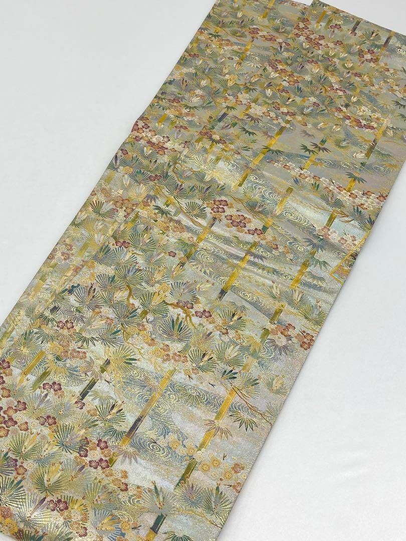 西陣あさぎ 全通 丸帯 兎 鳥 竹笹 華紋 牡丹 流水色紙文様 金糸 正絹