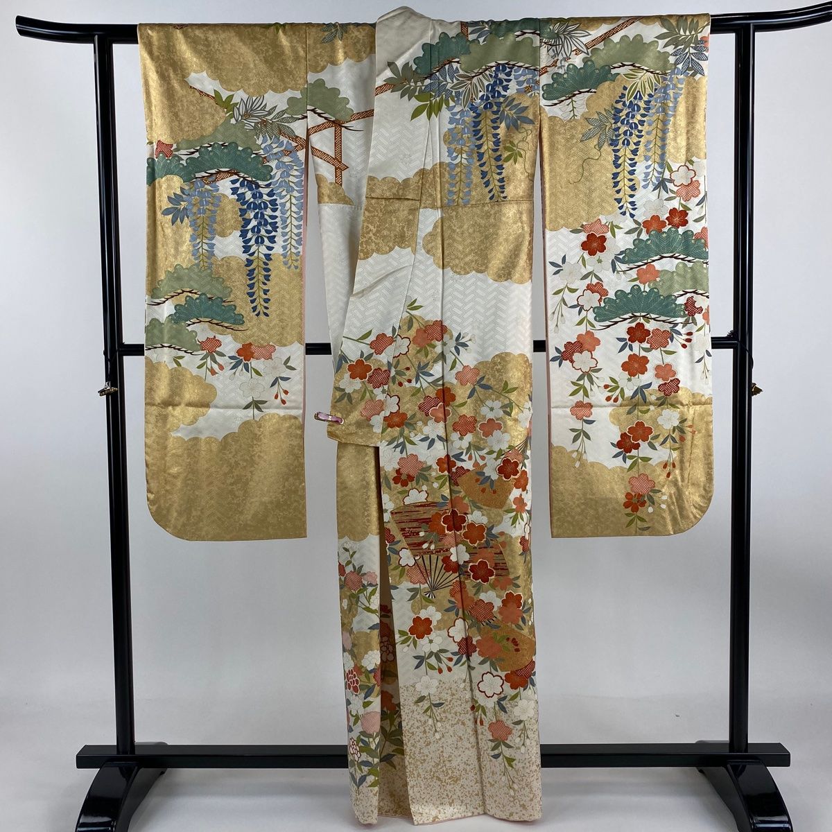 振袖 身丈161cm 裄丈65cm M 袷 吾妻徳穂 落款 扇 枝垂れ桜 金糸