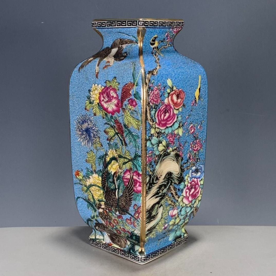 パステル琺瑯彩花鳥蒔絵四方尊瓶 景徳鎮 陶磁器 装飾品 現代工芸品 美術品 置物 パステル琺瑯彩花鳥蒔絵四方尊瓶 景徳鎮 陶磁器 装飾品 現代工芸