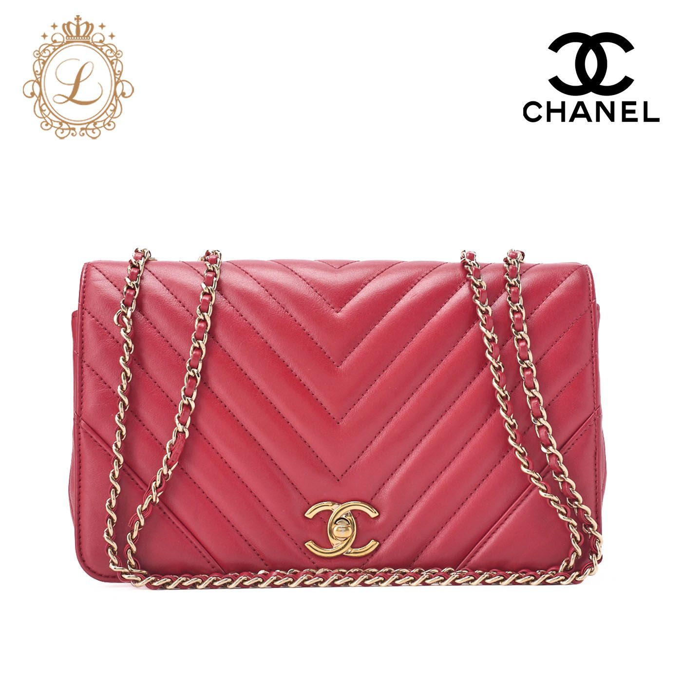 CHANEL シャネル ショルダー バッグ 　カーフスキン　 Vステッチ 　赤　ココマーク　シングルフラップ（ゴールド金具）  レディース【中古】【送料無料】 CHANEL シャネル ショルダー バッグ カーフスキン Vステッチ 赤 ココ
