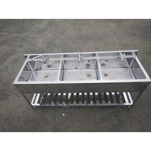 代引不可 業務用 ステンレス 3槽 シンク W1800 D600 H800 90 mm さびあり 厨房 槽内寸W555D450深230mm BS3-186 W180cm