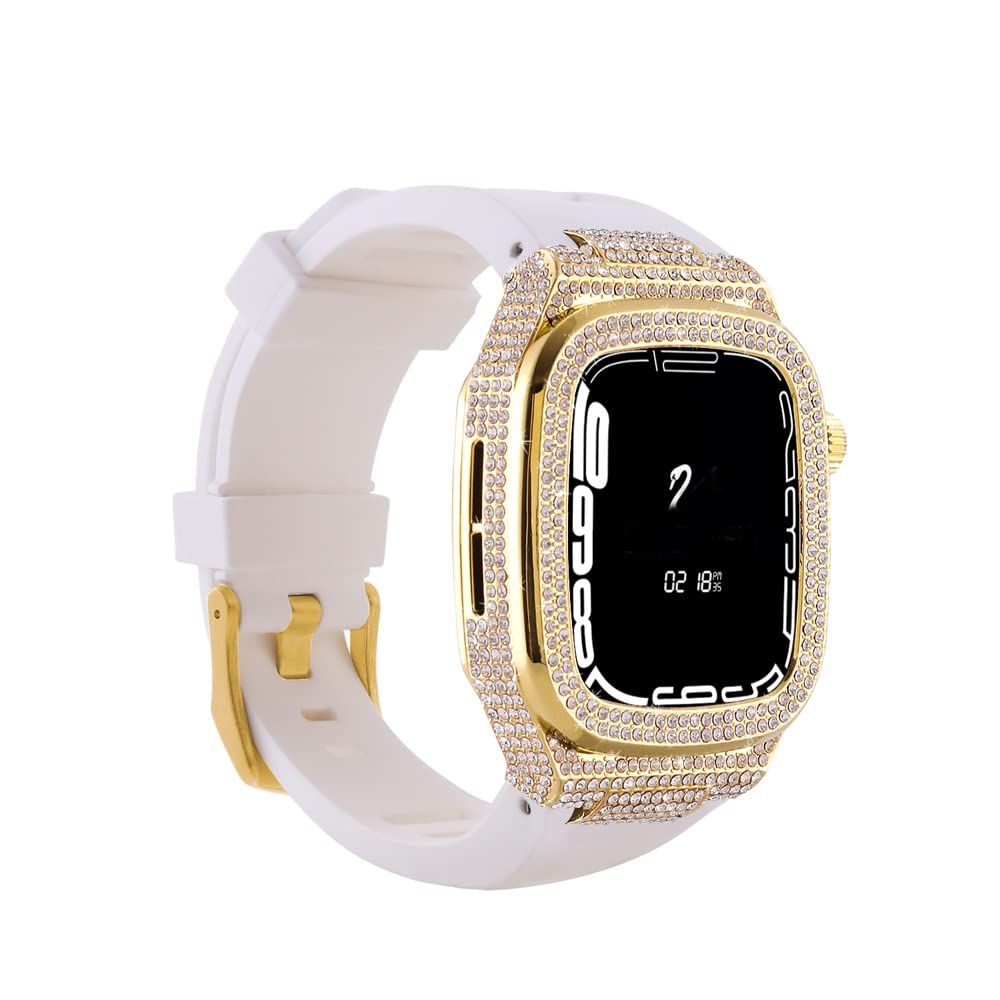 【新着商品】(ホワイト 45mm用 + + + 44mm Watch ゴールド) Apple シリコンバンド キラキラ光るダイヤモンド ステンレススチール製丈夫な腕時計ケース