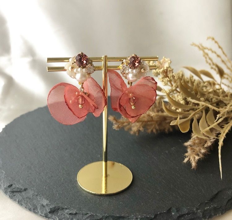 40】スワロフスキービジュー ピアス イヤリング オレンジレッド