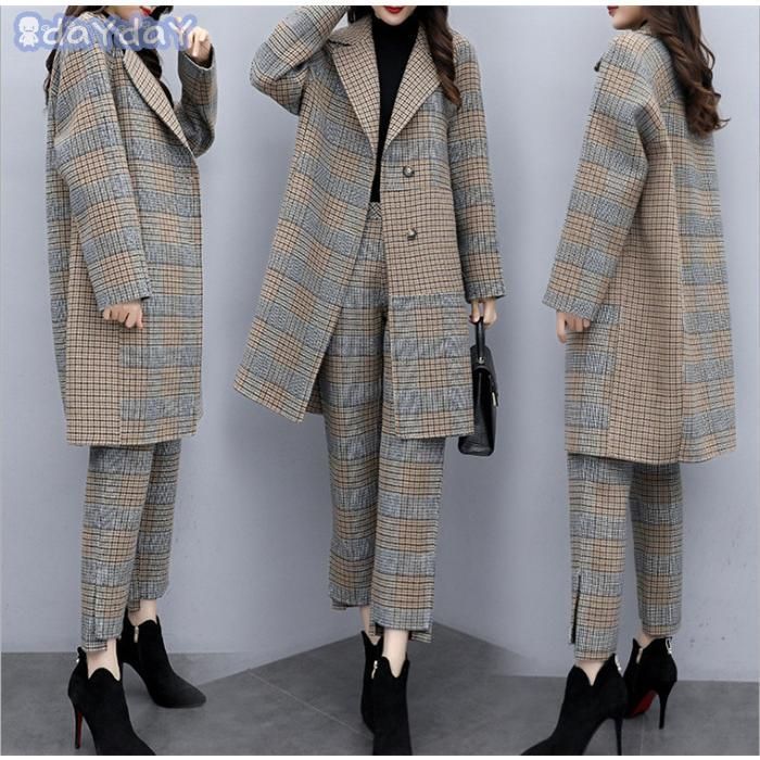 パンツセットアップ レディース コート スーツパンツ ロングパンツ スリット ロング丈 2点セット ゆったり 大きいサイズ スーツジャケット セレモニー チェック SIROKUMA-CORPORATION_COM