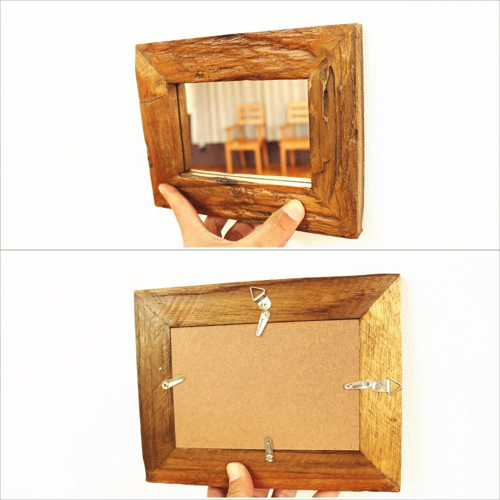 オールドチーク材　無垢材　ウォールミラー　壁掛け　鏡 オールドチークウッドミラー 《22cm×17cm》 引っ掛け金具付き