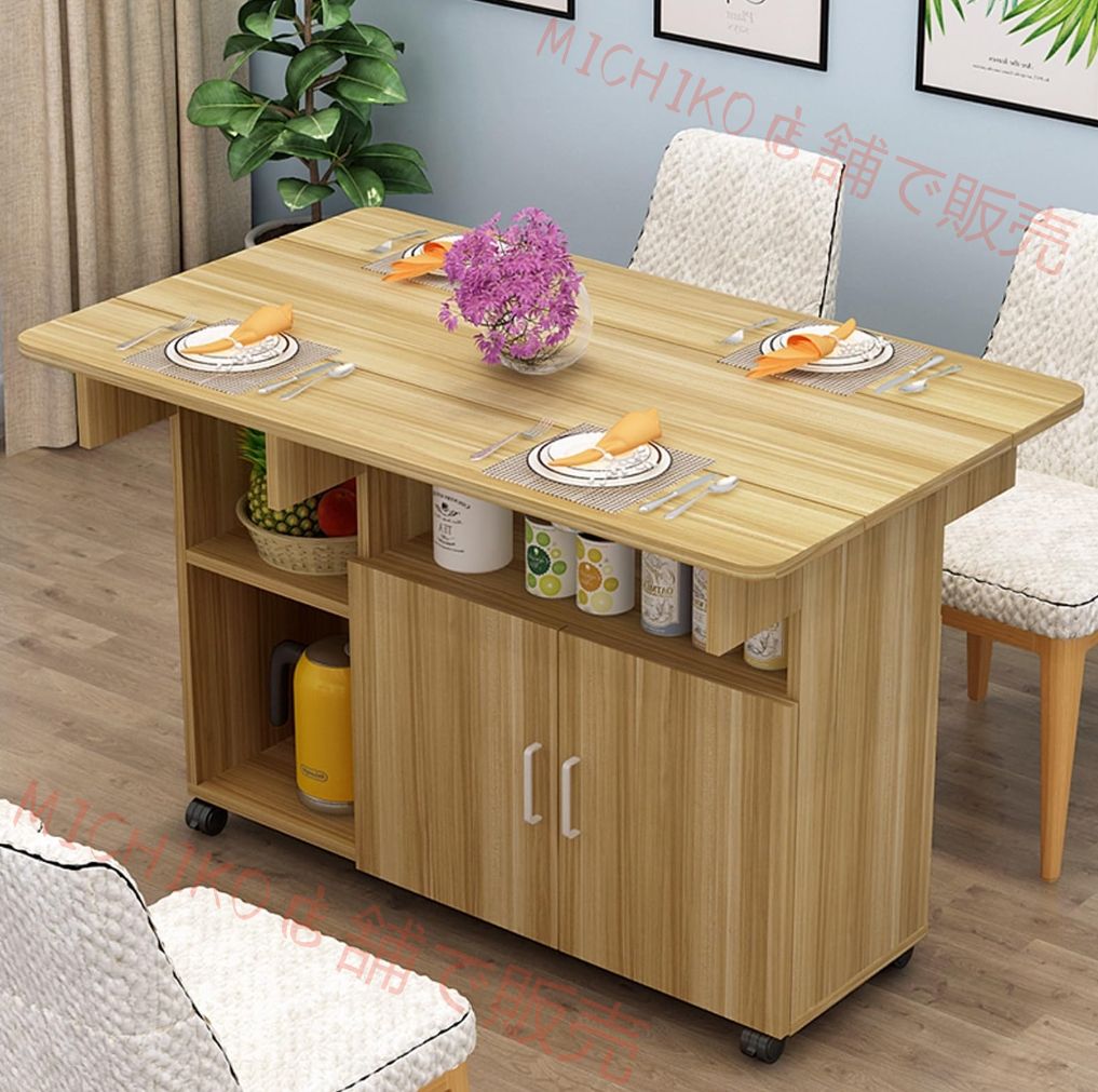 引き出しと収納棚付き折りたたみダイニングテーブル 6輪によるローリング省スペースダイニングテーブル