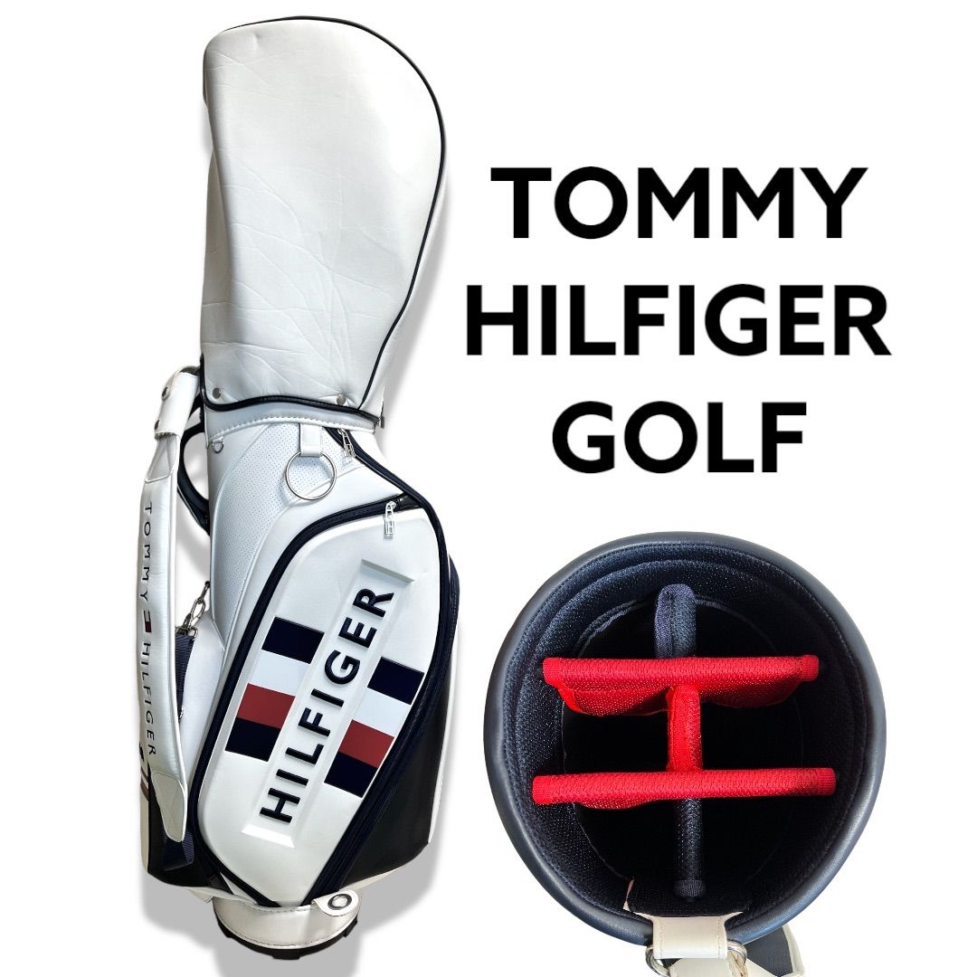 美品 TOMMY HILFIGER GOLF キャディバッグ 9型 6分割口枠 フラッグ カードタイプ ホワイト トリコロール 刺繍 ロゴ 本格 軽量  アスリート オシャレ 合成皮革 PU素材 トミーヒルフィガー トミー ゴルフ ゴルフバック キャディバッグ