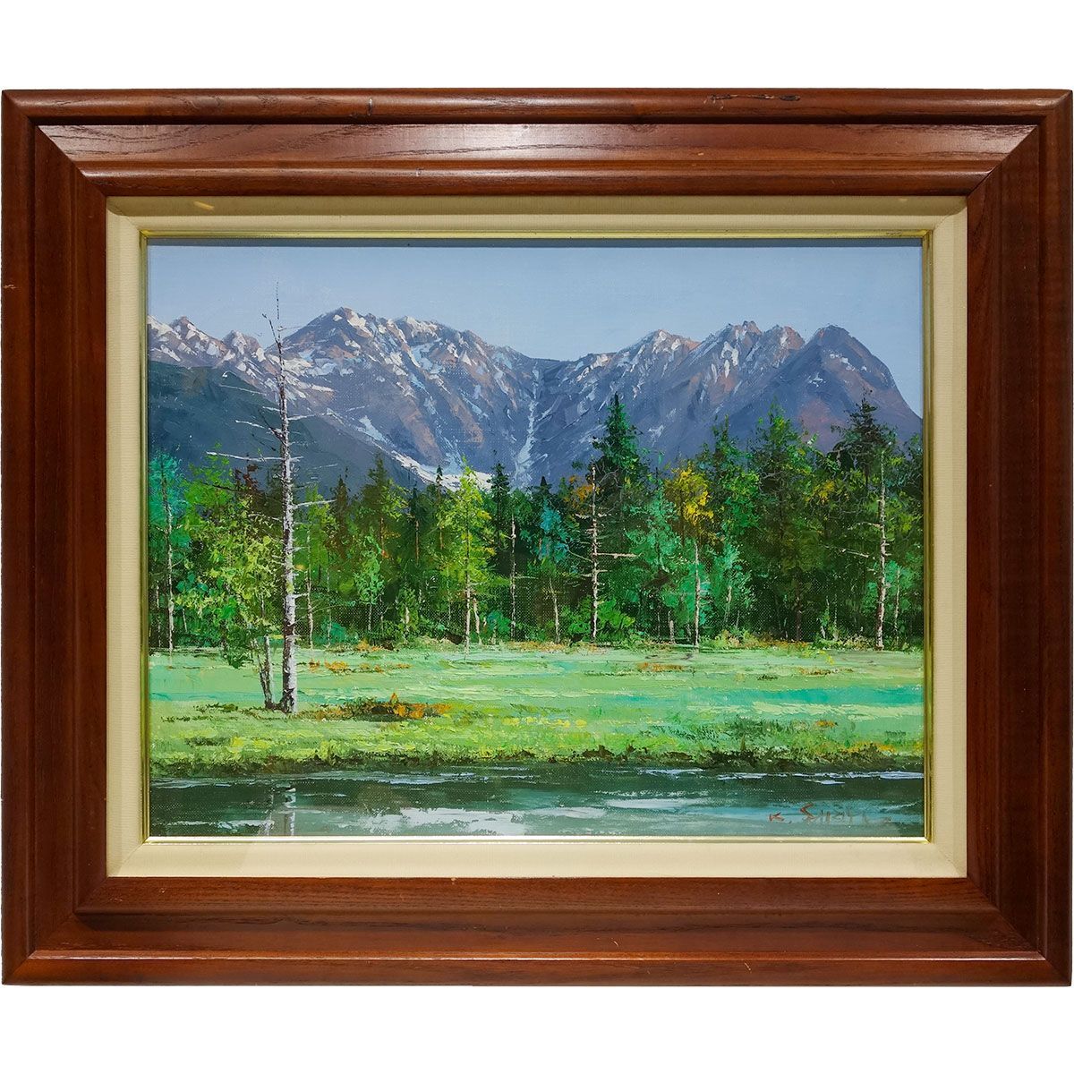 油彩画 F6号 西条巧 上高地 田代池 額入り 油絵 真筆 手描き 肉筆 風景画 山岳風景 景勝地 梓川 焼岳 トレッキング 爽やか 癒し YE520