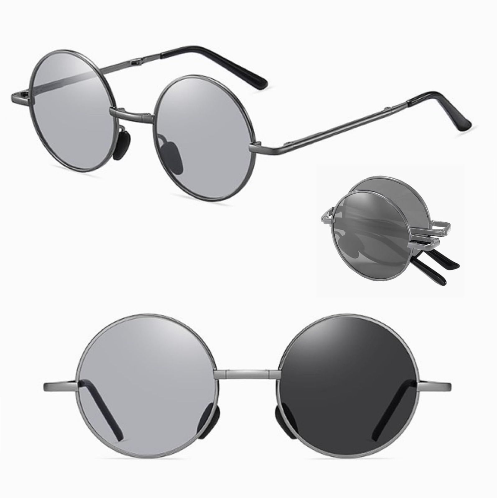 セール 2 丸メガネ クラッシック uvカット メガネ ラウンド サングラス 折りたたみ 変色 調光 偏光 REONAS