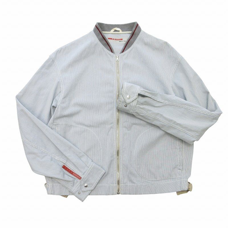 プラダスポーツ PRADA SPORT 初期 90's ベルテッド ジャケット ジップ ブルゾン ヒッコリーストライプ ロゴ 総柄 ヴィンテージ 青 ブルー 白 ホワイト M 0208 AA