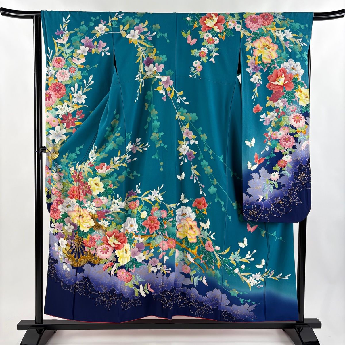 振袖 身丈155cm 裄丈64cm M 袷 花車 牡丹 金糸 金彩 青緑 正絹 名品