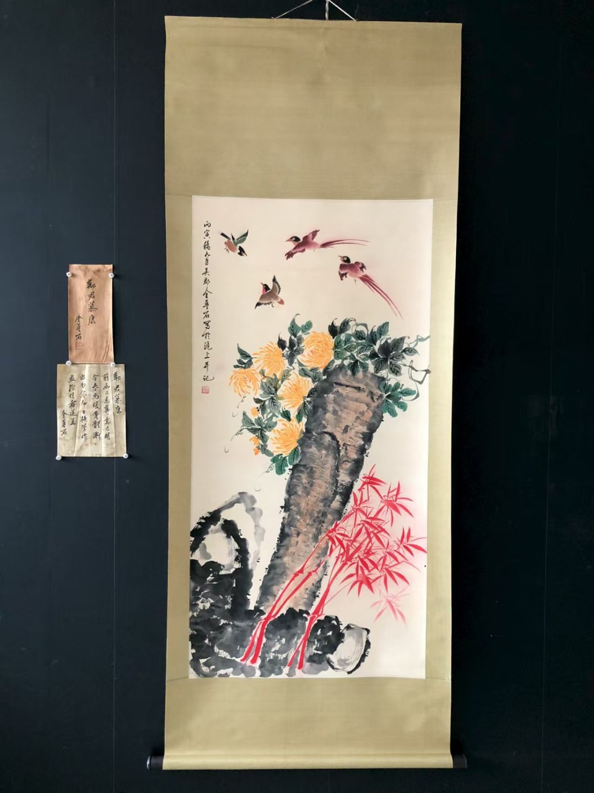 中国古美術. 金楚石 花鳥 四尺手描き作品.宣かみ画.観賞品.文房置物.中国骨董25090707