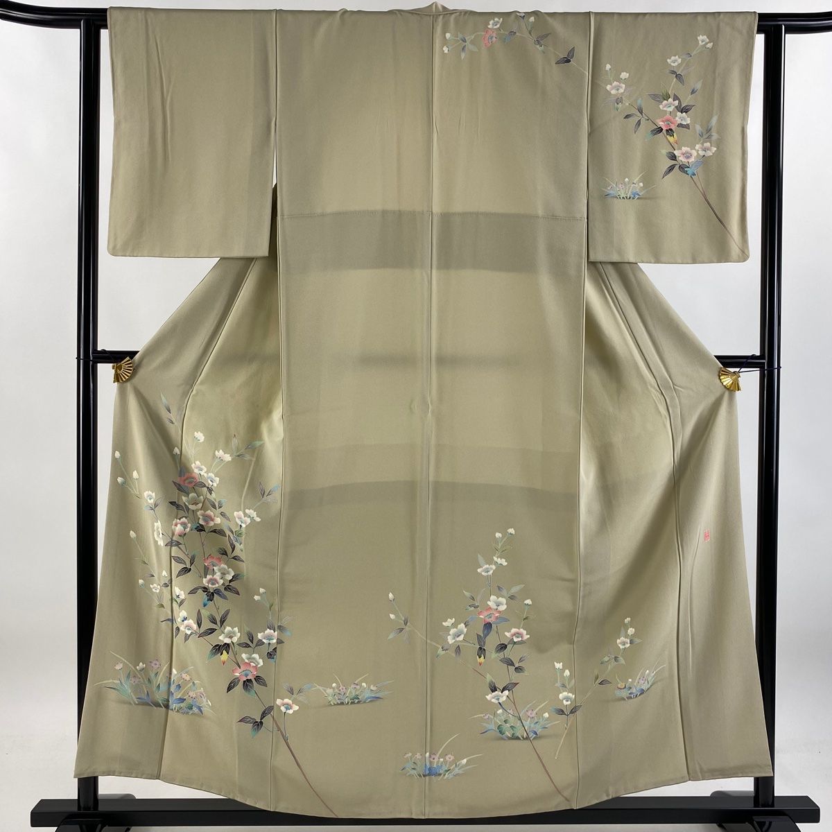 訪問着 身丈156cm 裄丈61.5cm S 袷 和泉衛知 やまと 落款 枝花 草花 ぼかし ベージュ 正絹