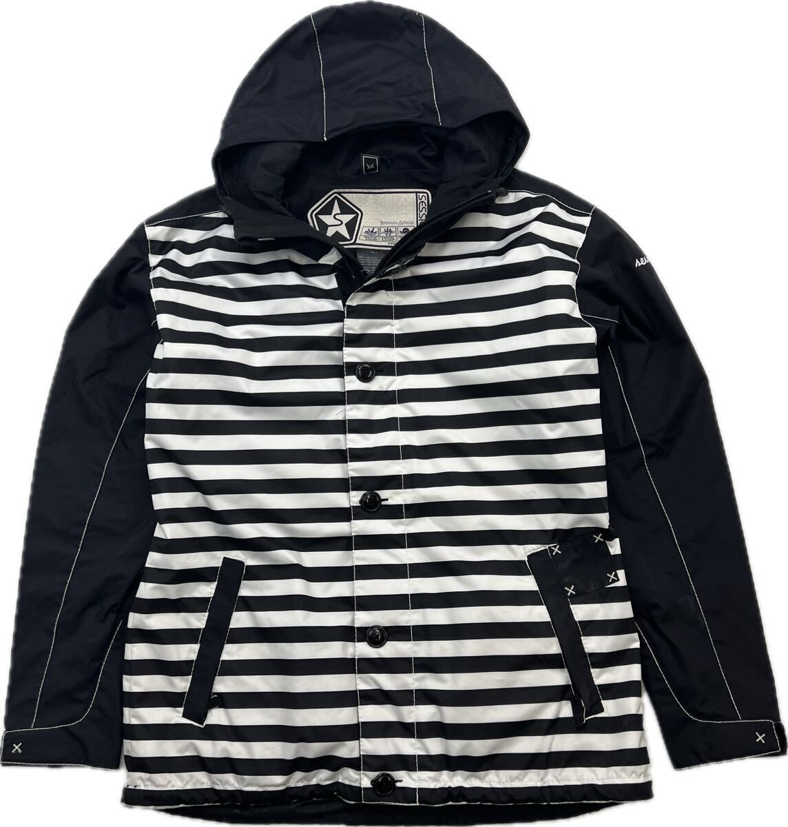 SESSIONS スノボウェア ネイビー ホワイト ボーダー デザイン ナイロンジャケット パーカー M スノーボード 人気 セッションズ AB326