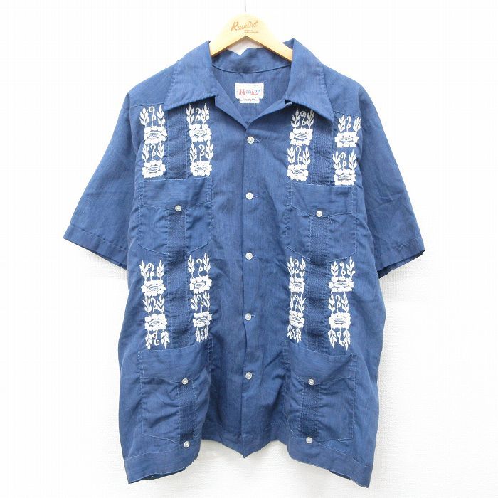 XL/古着 半袖 キューバ シャツ メンズ 90s 刺繍 開襟 オープンカラー 紺 ネイビー 24jun04 中古 トップス