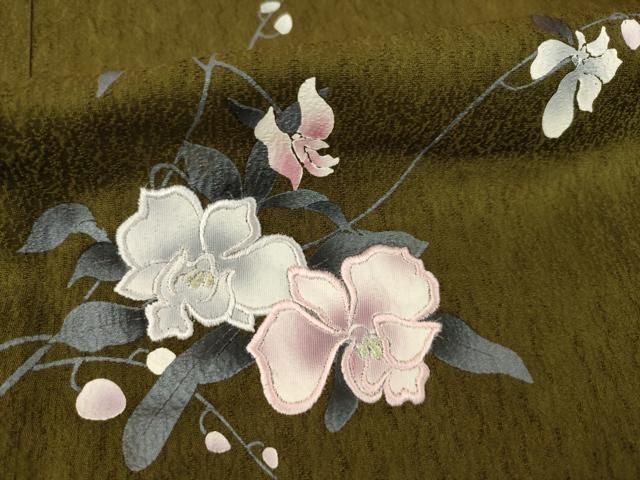 訪問着　クリーム色　花柄　友禅　作家物　落款入り　正絹 夏】型染め友禅 夏椿 花柄 絽 夏着物 小紋 正絹 白 クリーム色