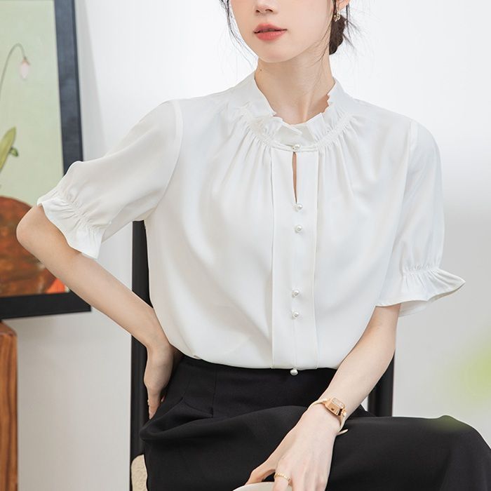 ブラウス レディース 春夏 シフォンシャツブラウス 半袖 配色 シャツブラウス シフォン オシャレトップス 韓国風 通勤 OL 大人 上品 ブラウス 半袖 レディース シフォン シャツ ネイビー 春 夏