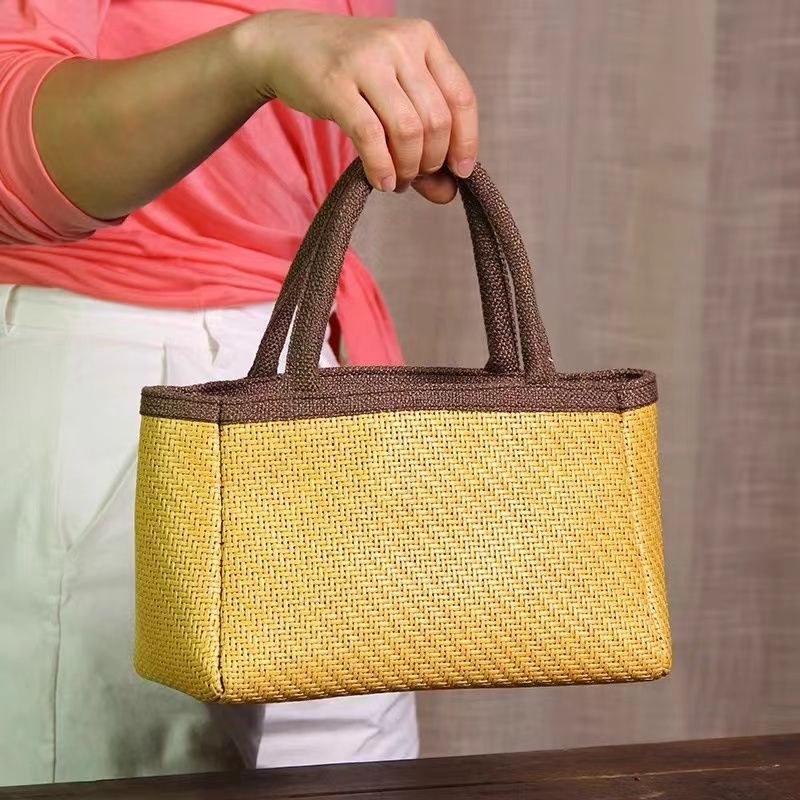 職人手作り 小物入れ籠 ハンドバッグ 内布付き 草編みバッグ 便攜  