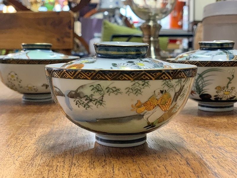 九谷焼 蓋茶碗 4客セット 金彩色絵人物風景青粒碗 蓋付き飯碗 蓋碗