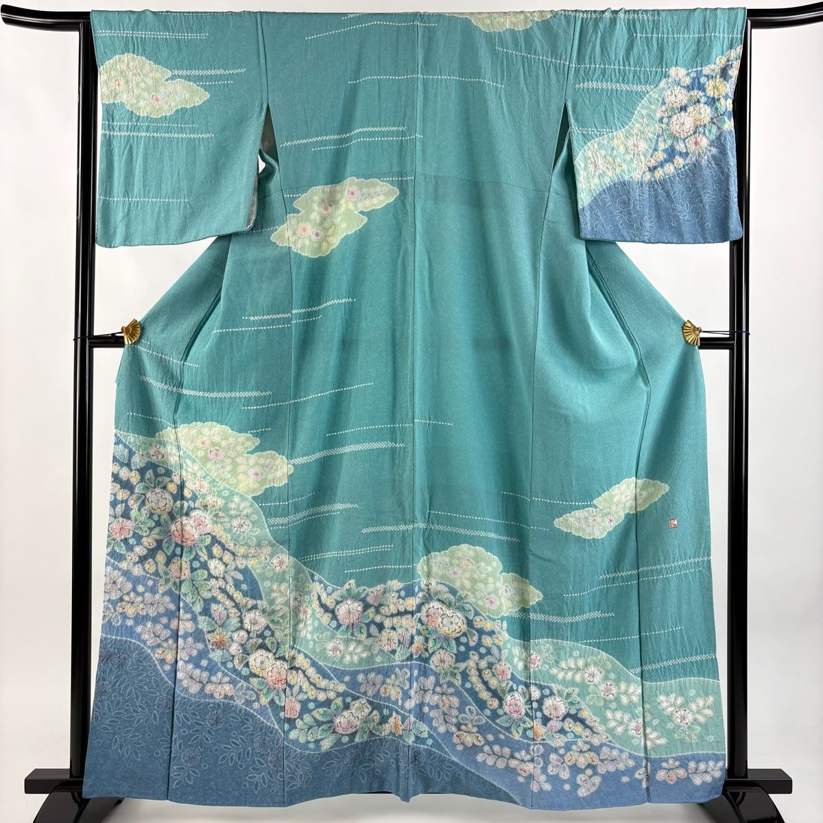 訪問着 身丈161cm 裄丈66cm M 袷 落款 辻が花 雲文 ぼかし 青緑 正絹