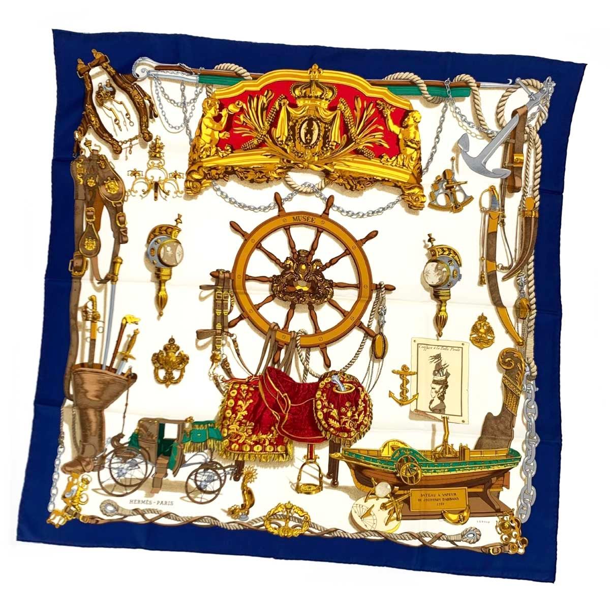HERMES エルメス MUSEE スカーフ ホワイト×ブルー シルク100％ レディース 240001093129