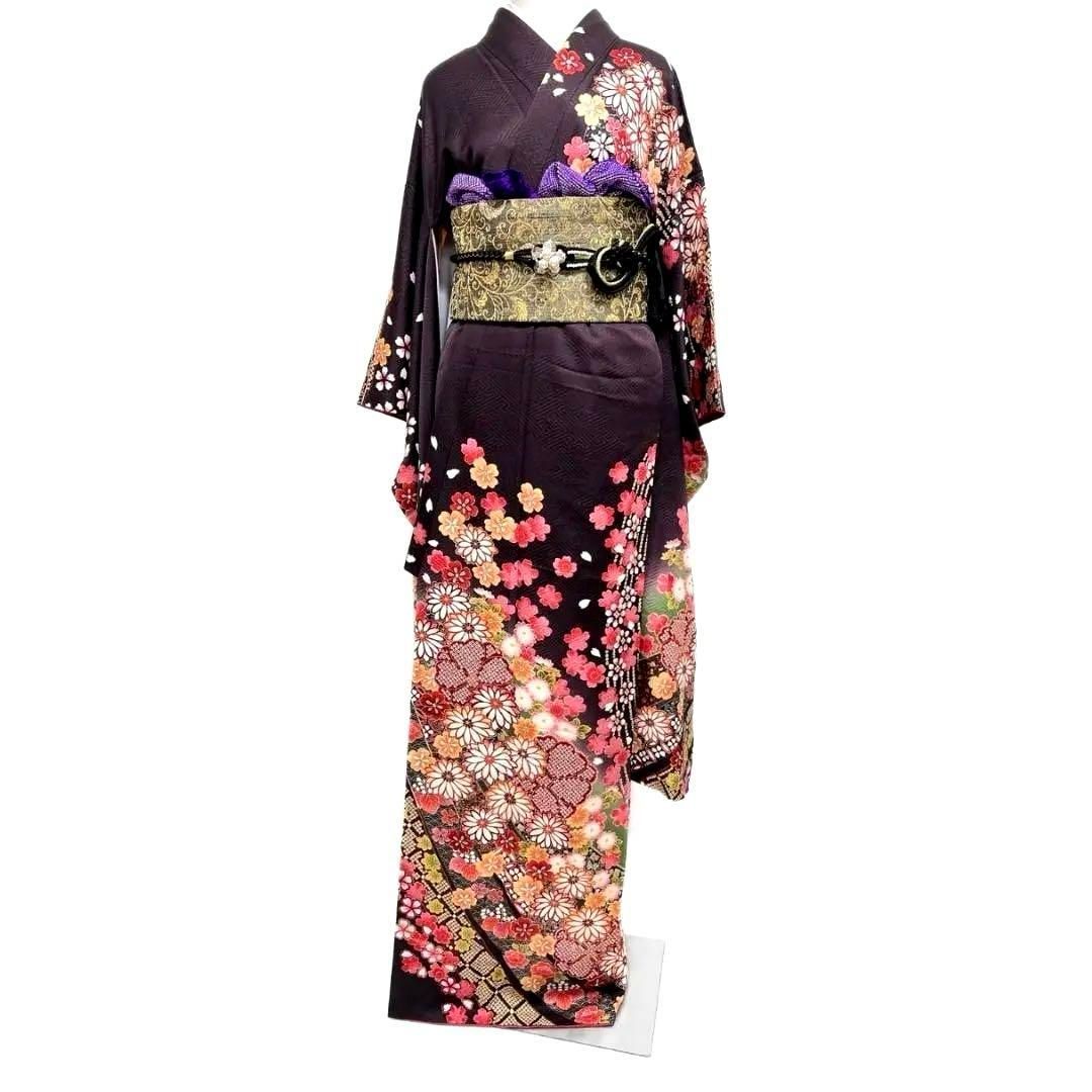 黒地　花模様　花吹雪　鹿の子　袋帯　着物　帯　013a p 黒地花模様花吹雪鹿の子袋帯着物帯013a p