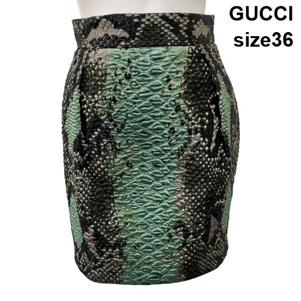 ●◆ グッチ GUCCI タイトスカート ミニ グリーン系 グリーン カーキ 黒 ベージュ 蛇柄 スネーク柄 絹 36 S 7号 レディース S5V660