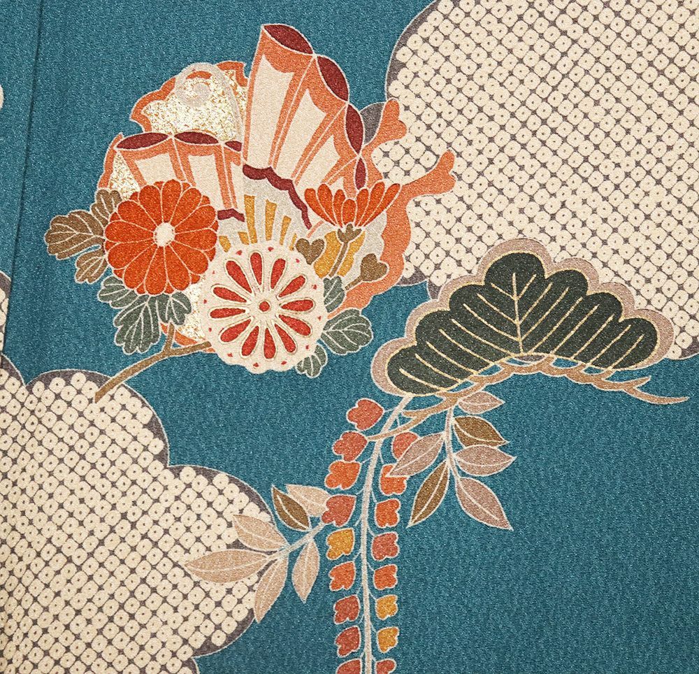 訪問着 袷 正絹 緑 松竹梅 菊 藤 蝶 鹿の子雲 SSサイズ ki30452 訪問着 袷 正絹 緑 松竹梅 菊 藤 蝶 鹿の子雲 SSサイズ ki30452