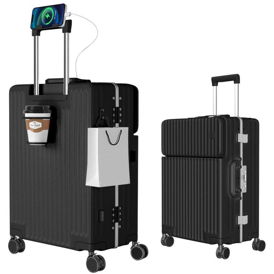 Ashard スーツケース 多機能フロントオープン キャリーケース ストッパー付き 機内持ち込み キャリーバッグ 携帯スタンド USBポート付き