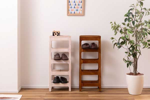 天然木 マホガニー の折りたたみ式シューズラック ４段 W32×D25×H83cm トレー付き No.667 ホワイト WWW_OLIVIERBERNSTEIN_COM