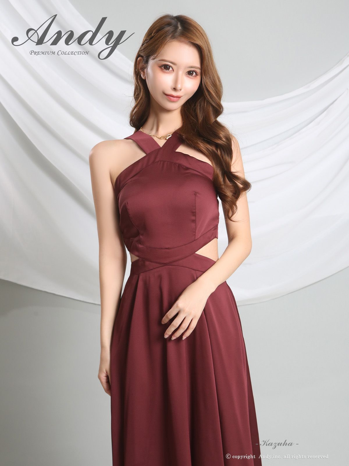 ワインレッド AN-OK3008 Andy|アンディ アメスリ| サテン| ウエストカット| ノースリーブ| フ | ロングドレス| マキシ丈| ワンピース| キャバドレス