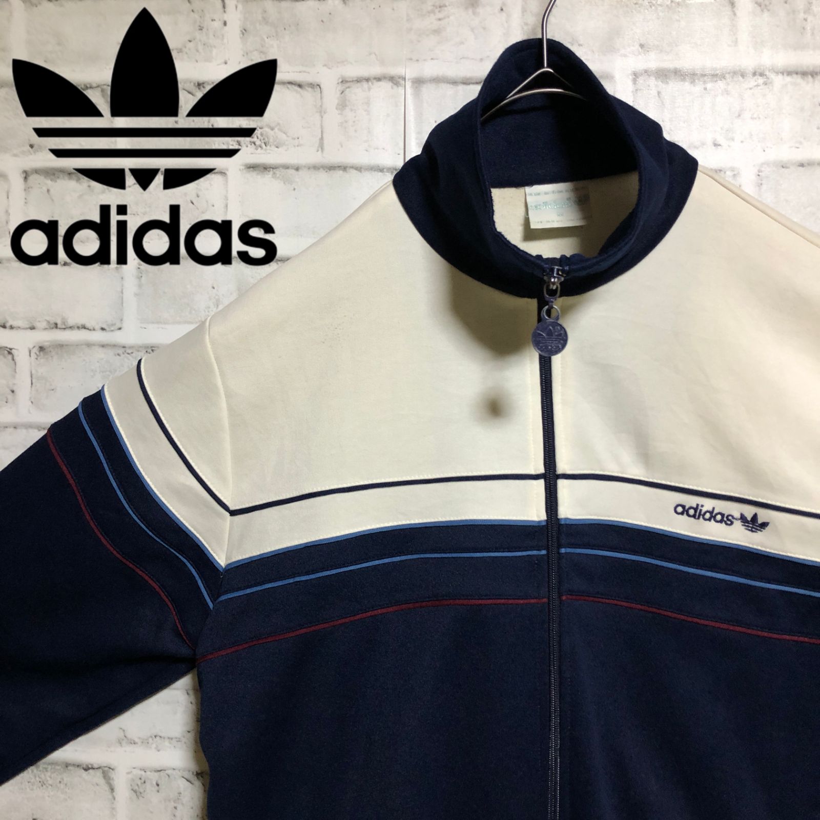 ベージュ×ネイビー　adidas 80s トラックジャケット 希少XL⭐️80s adidas トラックジャケット/ジャージ 刺繍トレ