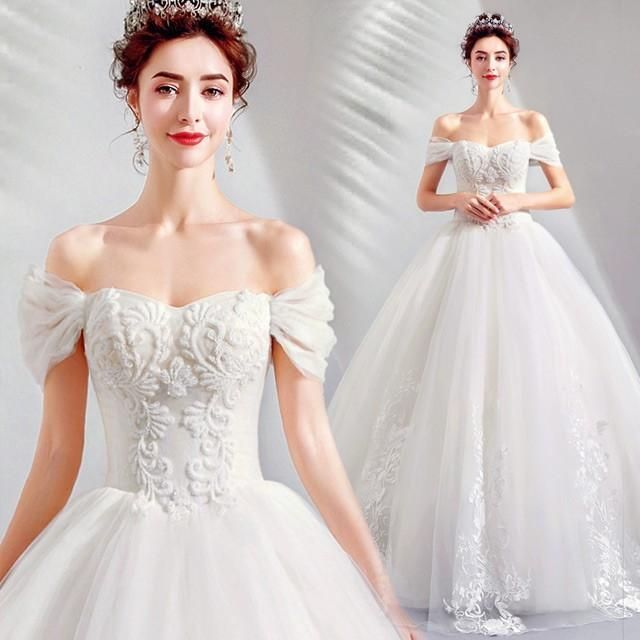 ボートネック オフショルダー ウェディングドレス ホワイト 結婚式 花嫁 ブライダルドレス 披露宴 二次会 フォーマル ロングドレス