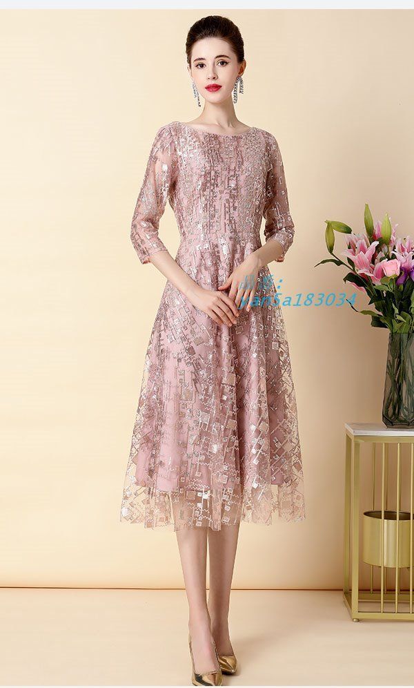 イブニングドレス ミディ丈ドレス カラオケドレス ピンク 結婚式 2次会 お呼ばれ 食事会 七分袖 大きいサイズ パーティードレス yan5a183034